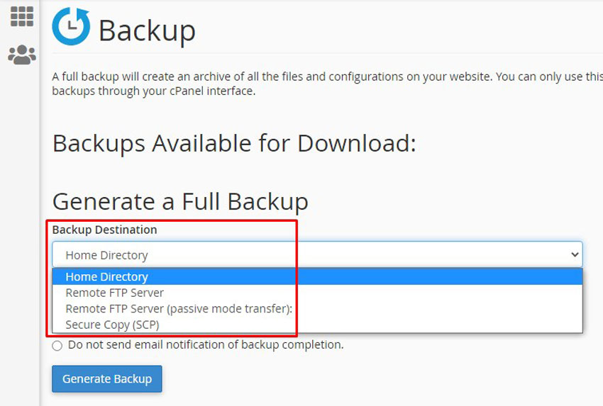 cPanel set a full backup destination